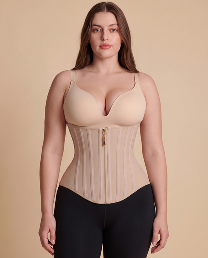 Boned waist cincher with front zip, worn