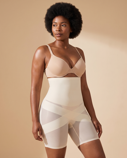 High-waist mesh shaper shorts with cross bands, front view