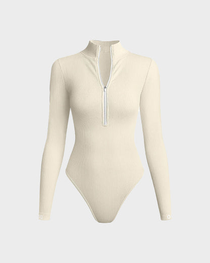 Ribbed long sleeve half-zip bodysuit