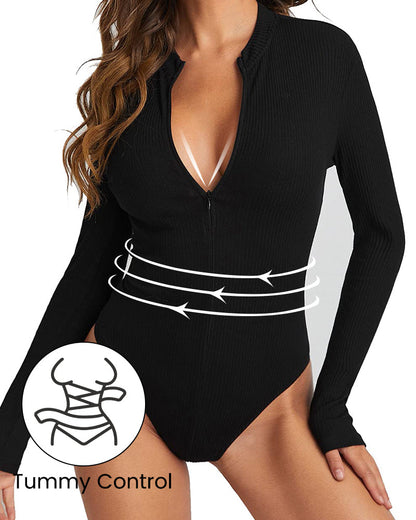 Ribbed long sleeve half-zip bodysuit