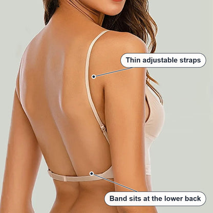 Back view of the low back bra showing the thin adjustable straps and the band at the lower back