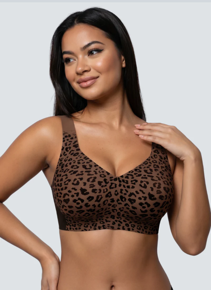 Mocha brown leopard print full coverage wireless jelly bra, front view