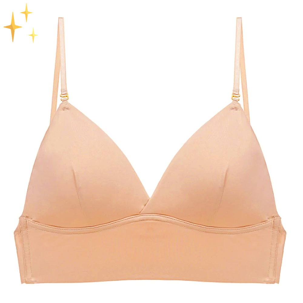 Beige wire-free low back bra, front view