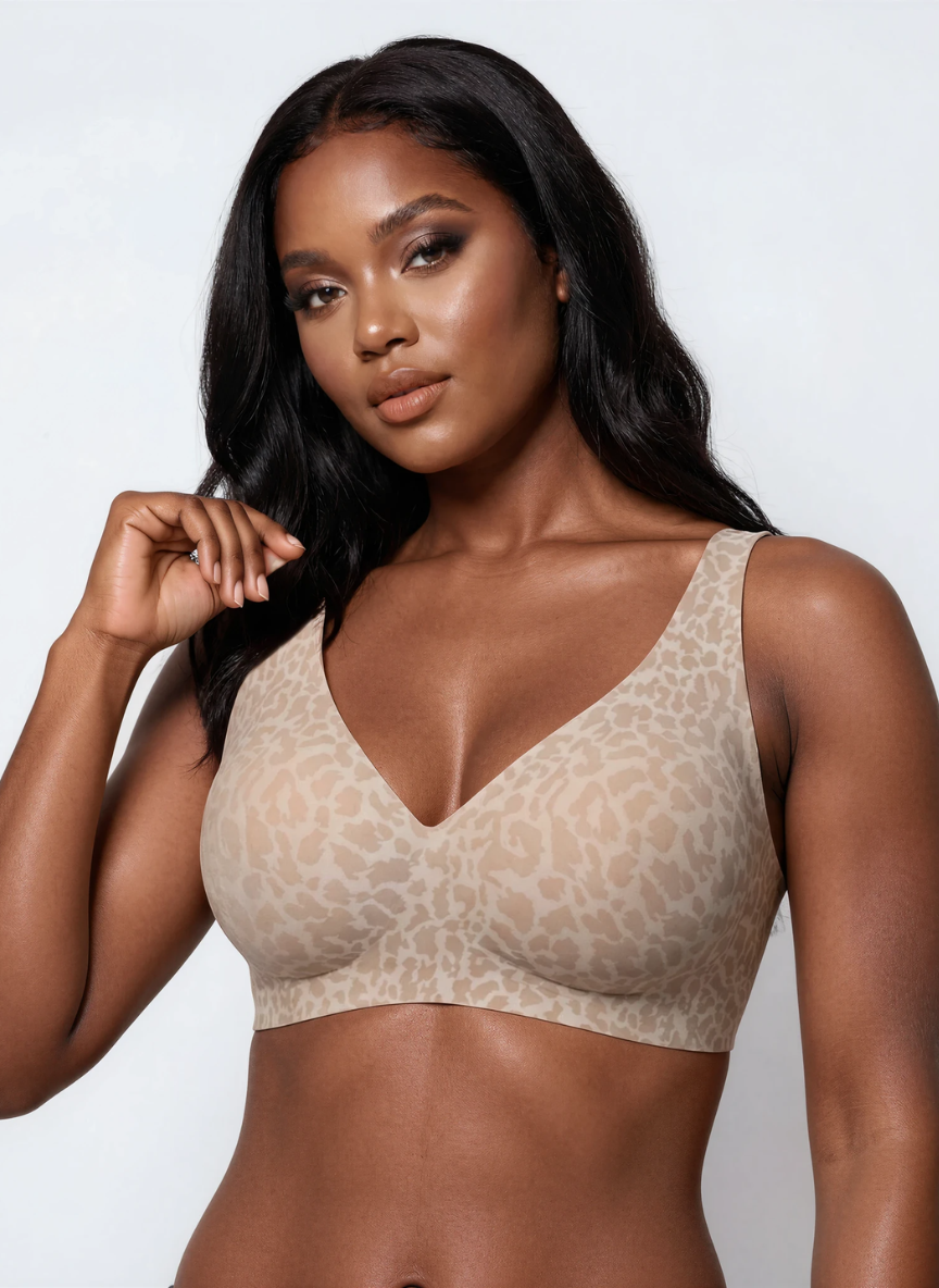 Tan leopard print wireless V neck bra