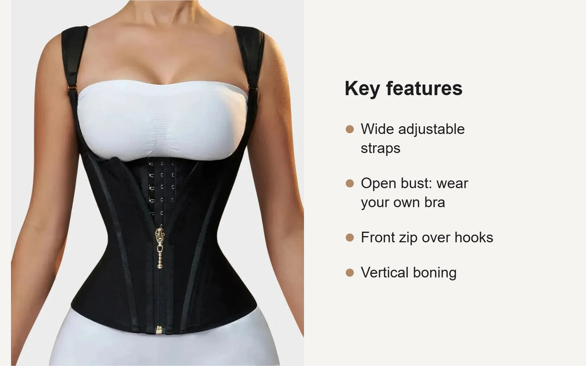Black open-bust waist trainer vest with wide adjustable straps and a front zip over hooks