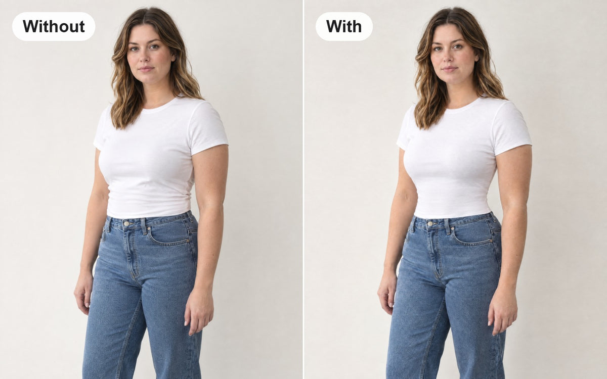 Same woman in the same white T-shirt, without and with the open-bust waist trainer vest worn underneath