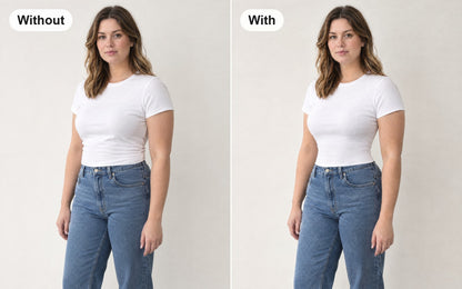 Same woman in the same white T-shirt, without and with the open-bust waist trainer vest worn underneath