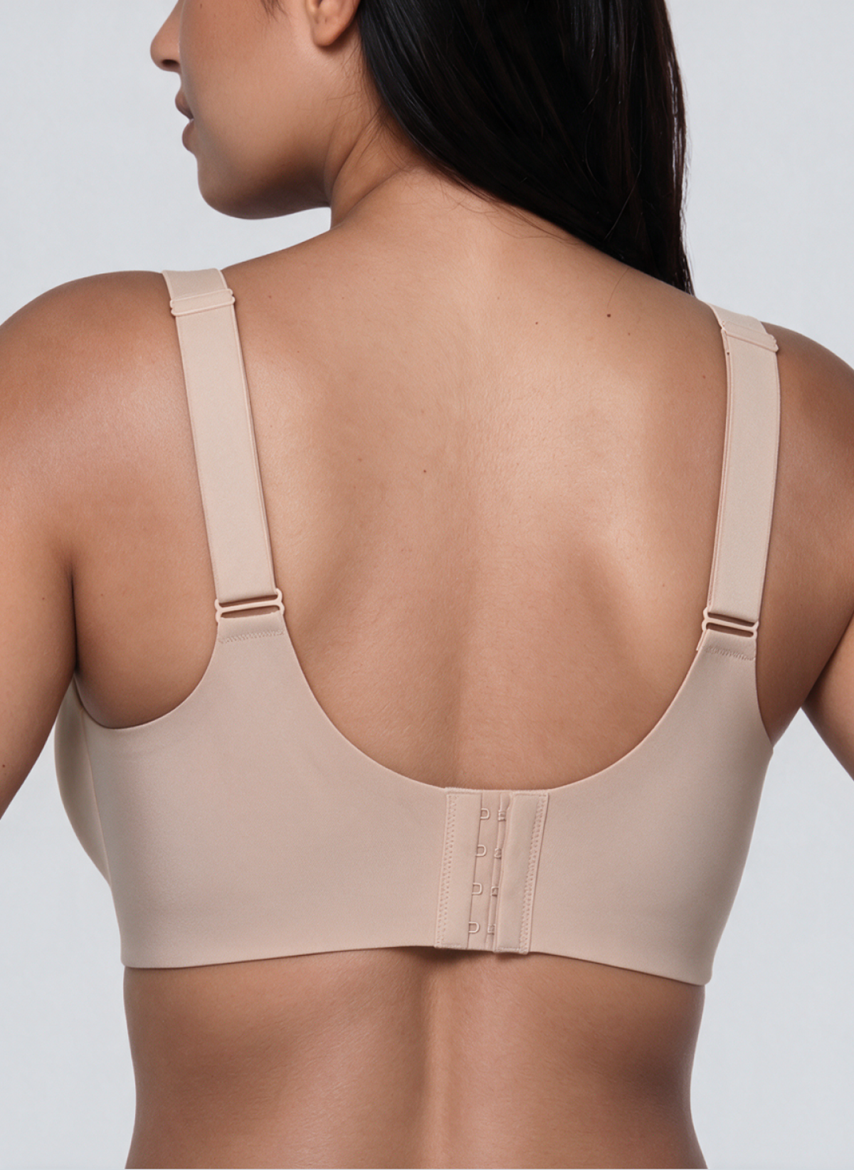 Back view of the soft pink full coverage wireless jelly bra with four hook fastening