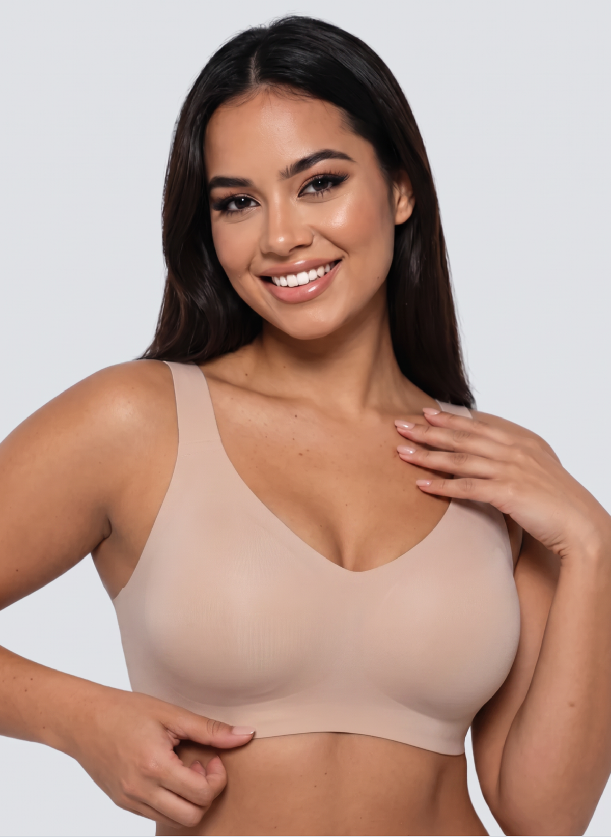 Soft pink full coverage wireless jelly bra, front view