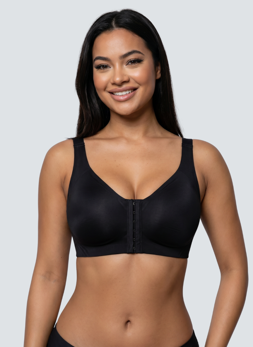 Black front fastening wireless bra with a row of hooks down the centre