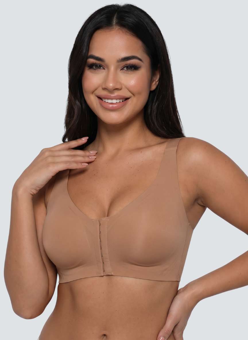 Caramel brown front fastening wireless bra with a row of hooks down the centre