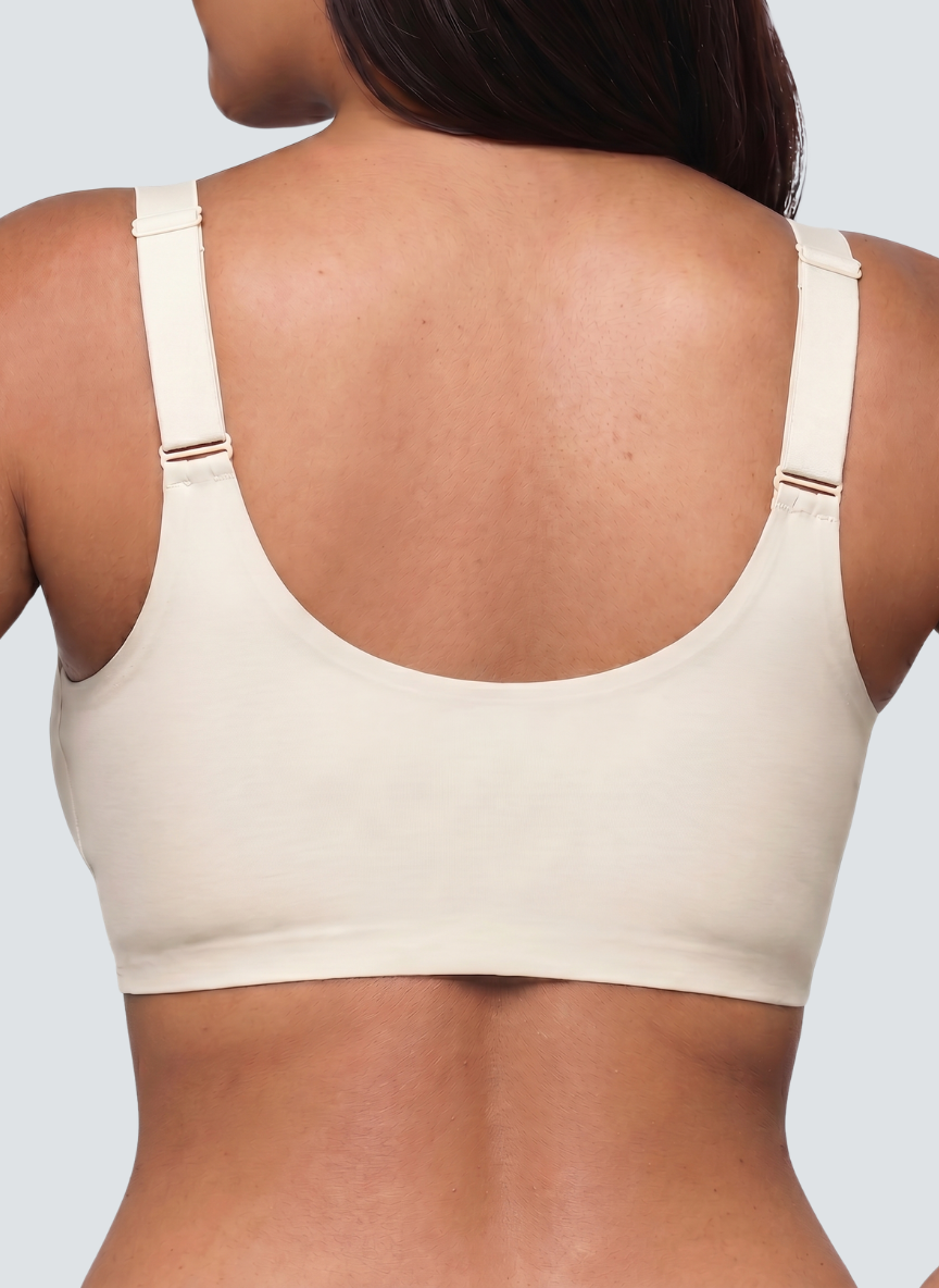 Back view of the nude front fastening wireless bra with a U back and adjustable straps