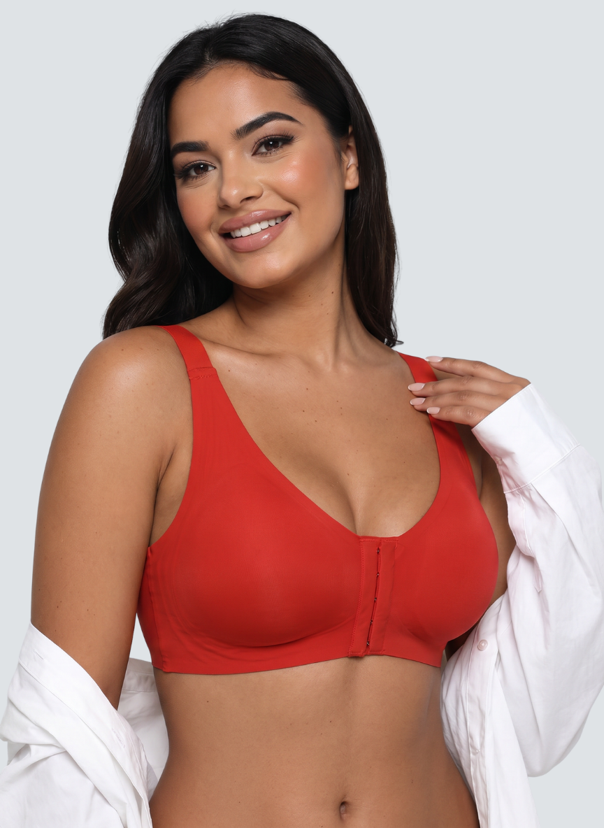 Red front fastening wireless bra with a row of hooks down the centre