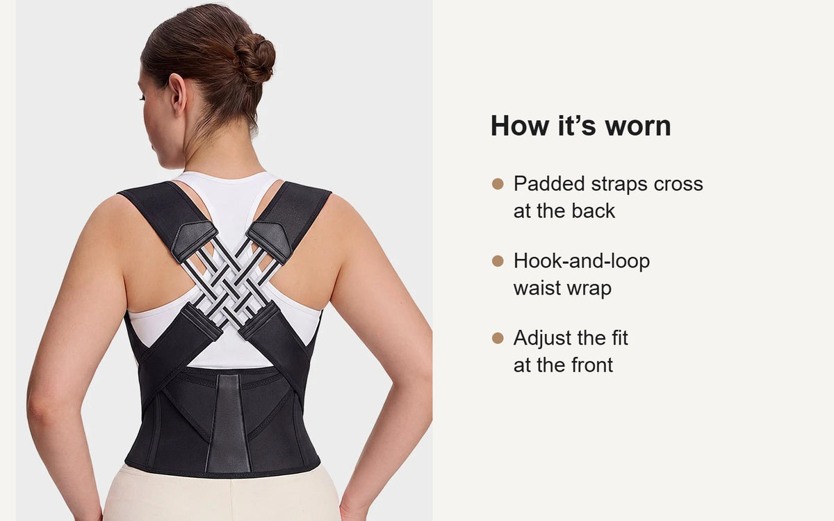 Back view of the posture support brace showing padded straps crossing at the back and the hook-and-loop waist wrap