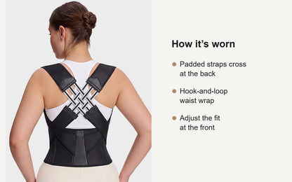 Back view of the posture support brace showing padded straps crossing at the back and the hook-and-loop waist wrap