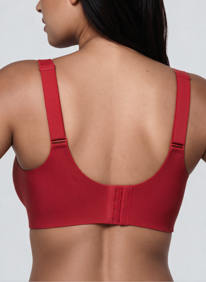 Back view of the red full coverage wireless jelly bra with four hook fastening