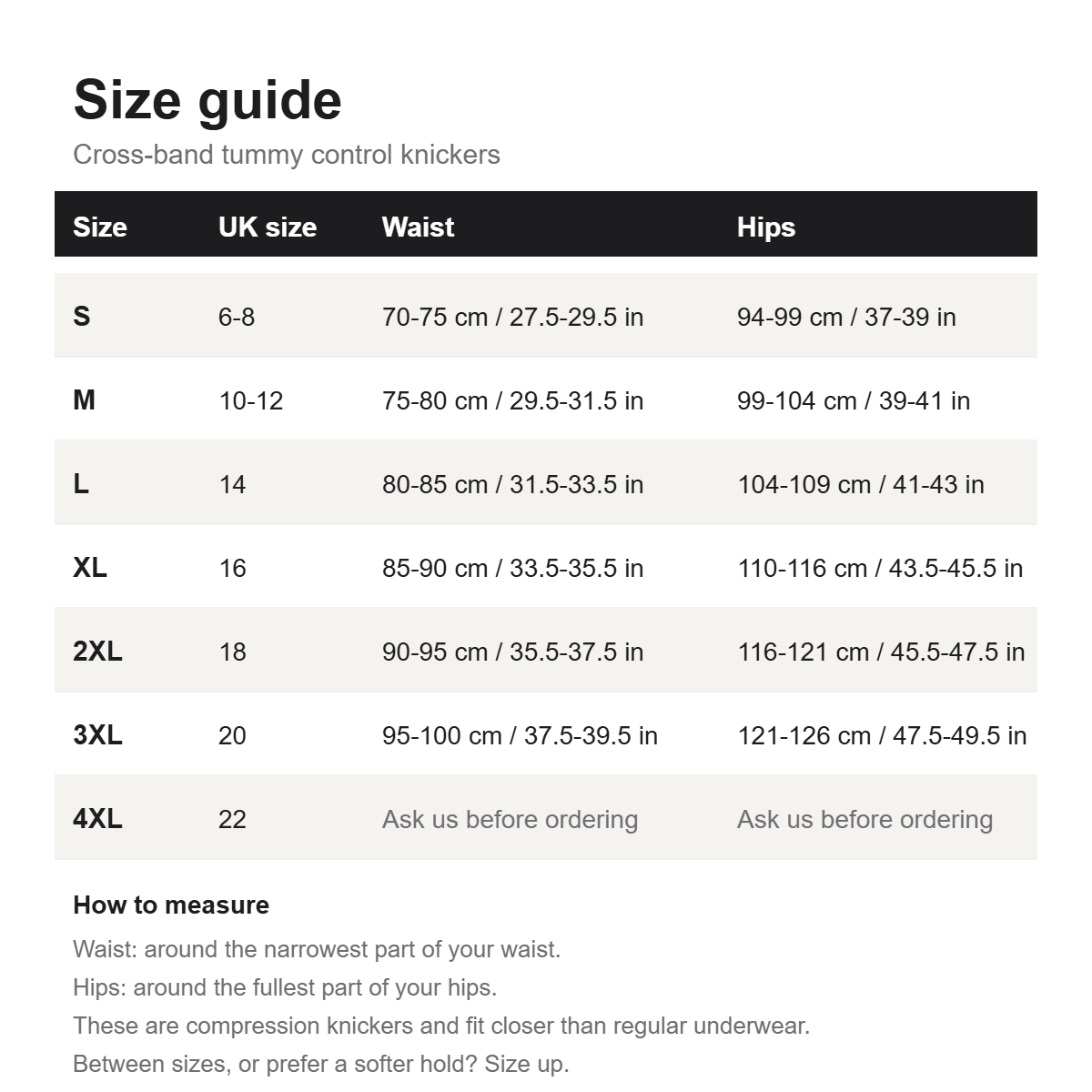 Size guide for the cross-band tummy control knickers, sizes S to 4XL with UK sizes, waist and hip measurements