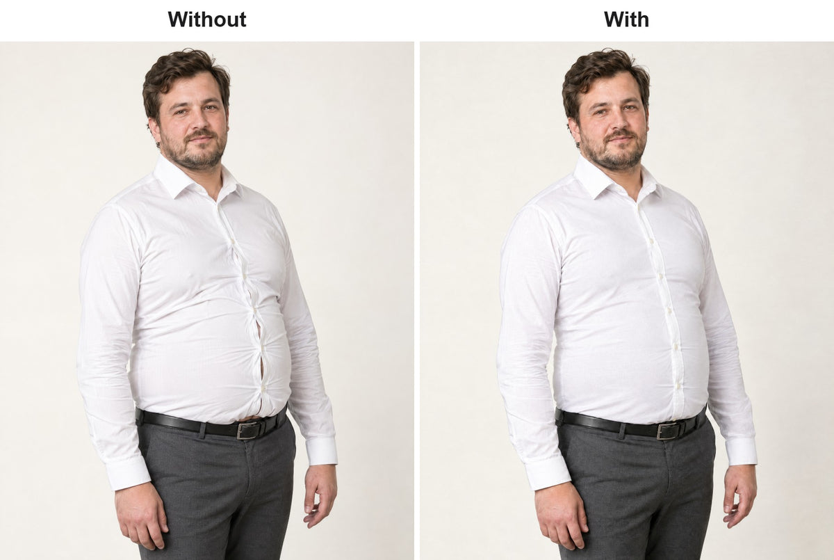 Man in a white shirt without and with the ribbed compression vest underneath