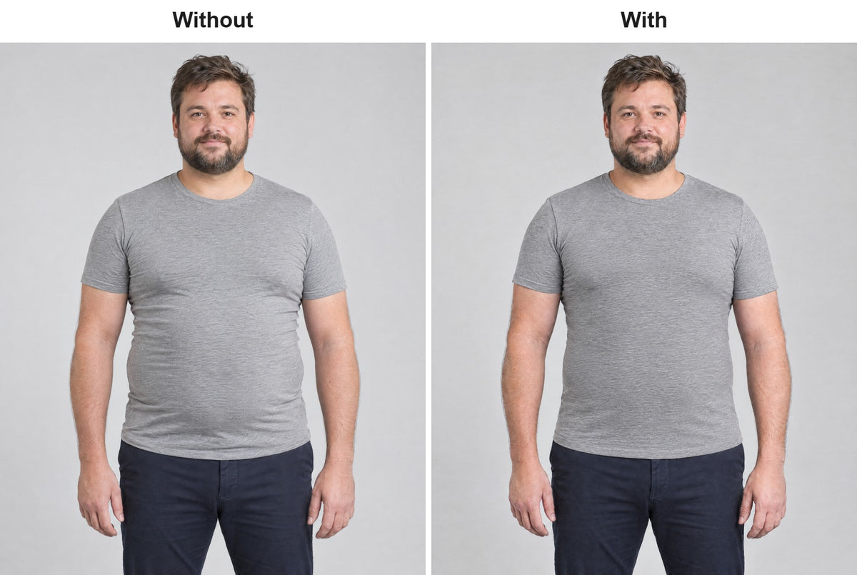 Man in a grey t-shirt without and with the compression vest underneath