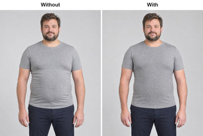 Man in a grey t-shirt without and with the compression vest underneath