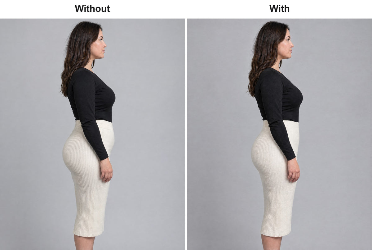 Without and with the shapewear shorts worn under the same fitted skirt, side view