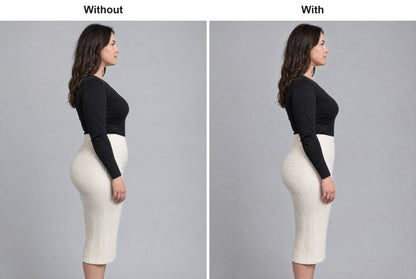 Without and with the shapewear shorts worn under the same fitted skirt, side view
