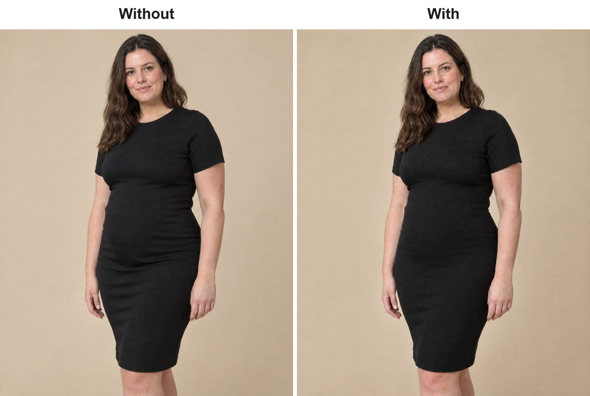 Woman in a black dress without and with the tummy control knickers underneath