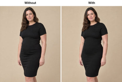 Woman in a black dress without and with the tummy control knickers underneath