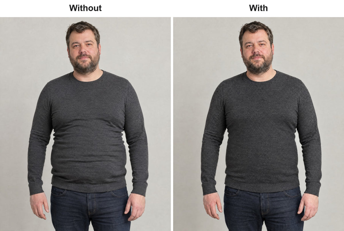 Man in a charcoal jumper without and with the long sleeve compression shirt underneath