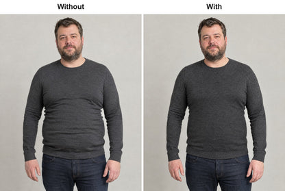 Man in a charcoal jumper without and with the long sleeve compression shirt underneath