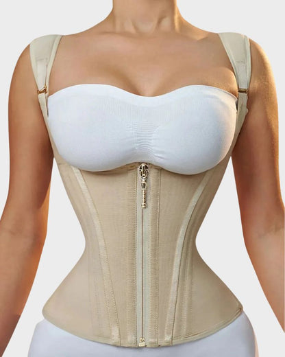Open-bust waist trainer vest with straps, alternate view