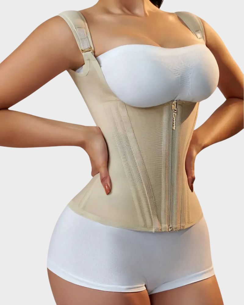 Open-bust waist trainer vest with straps, alternate view
