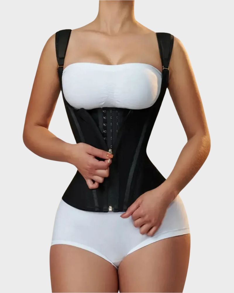 Open-bust waist trainer vest with straps, alternate view