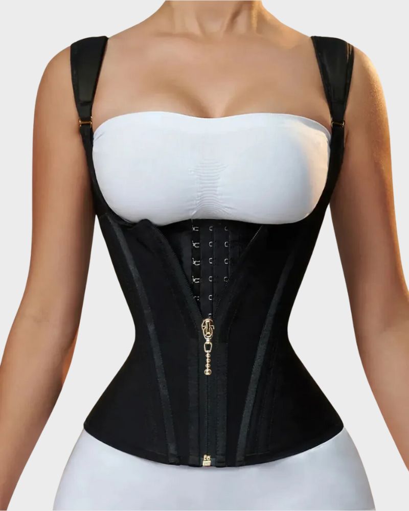 Open-bust waist trainer vest with straps, alternate view