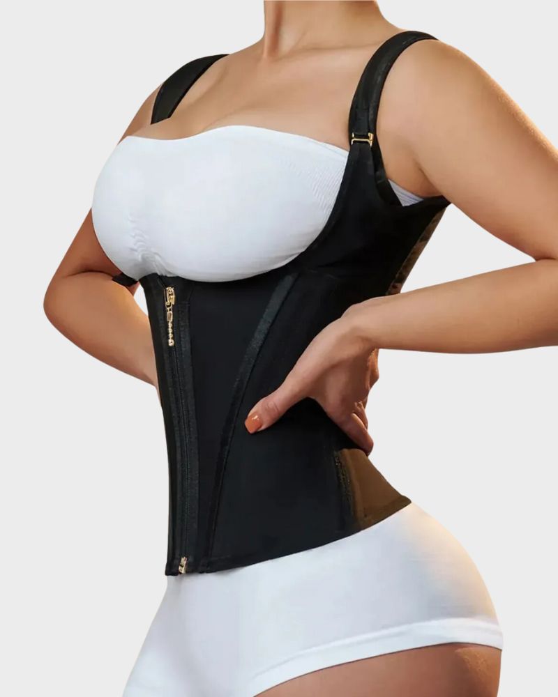 Open-bust waist trainer vest with straps, alternate view