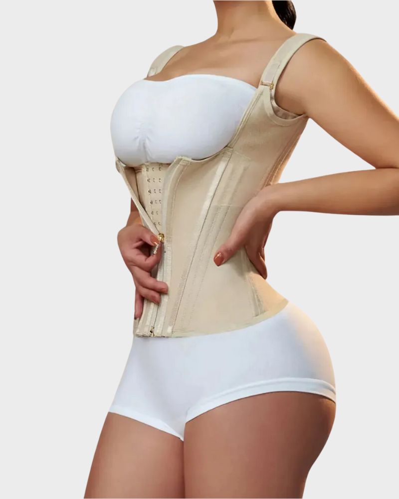 Open-bust waist trainer vest with straps, alternate view