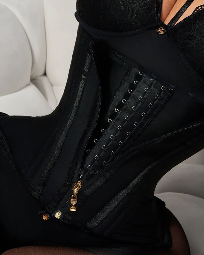 Underbust waist trainer with zip and hooks, alternate view