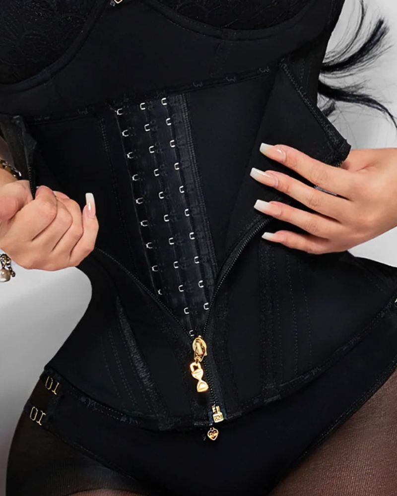 Underbust waist trainer with zip and hooks, alternate view