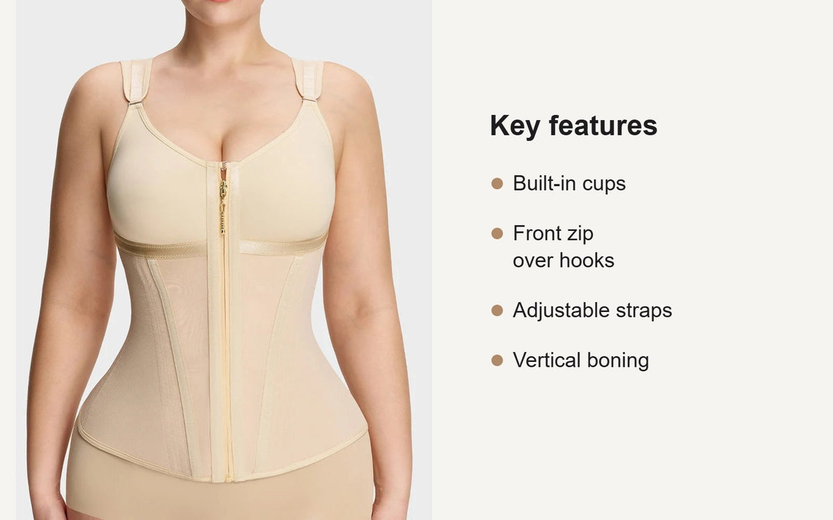 Nude shapewear vest with built-in cups, front zip over hooks, adjustable straps and vertical boning