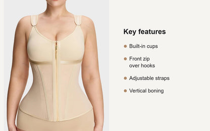 Nude shapewear vest with built-in cups, front zip over hooks, adjustable straps and vertical boning