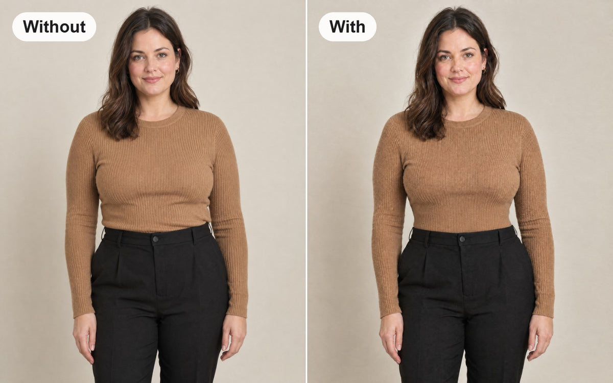 Same woman in the same camel ribbed top, without and with the shapewear vest with built-in bra worn underneath