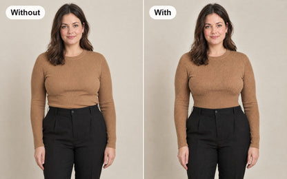 Same woman in the same camel ribbed top, without and with the shapewear vest with built-in bra worn underneath