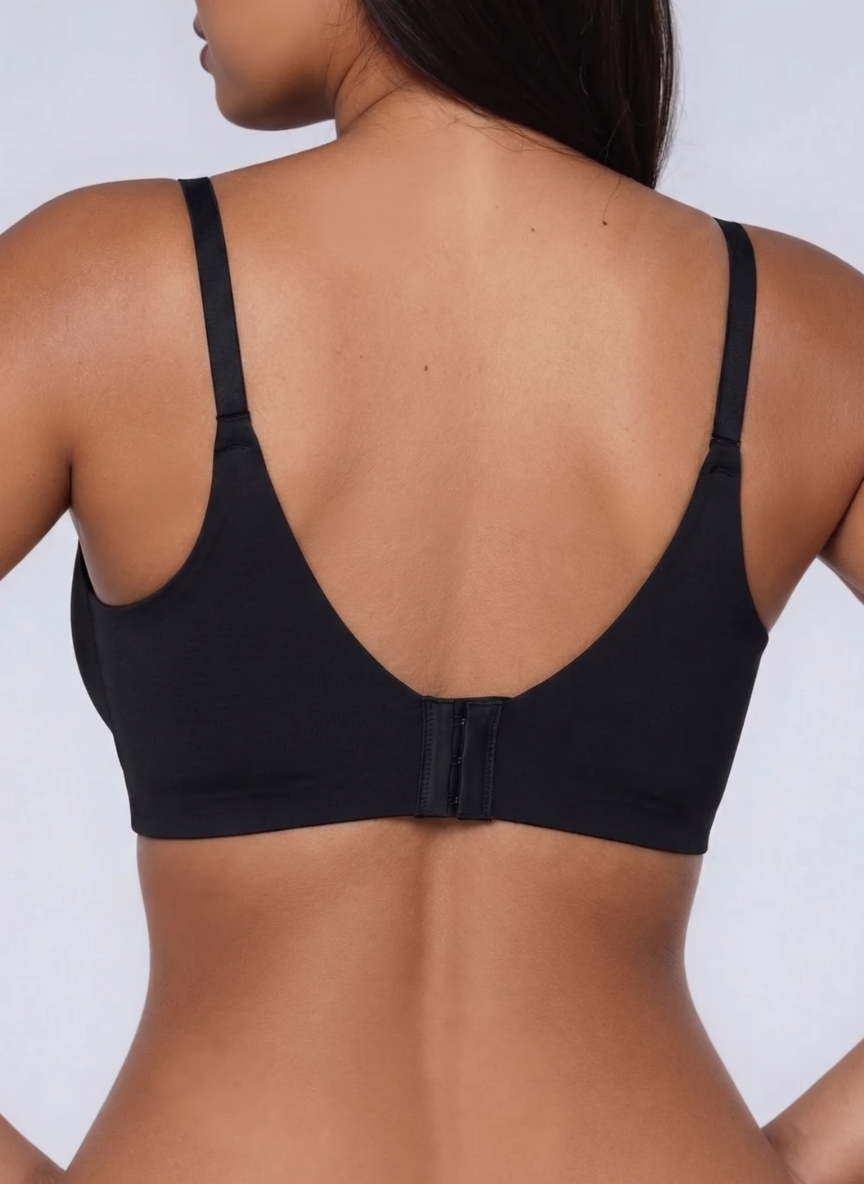 Back view of the black wireless push up bra with hook and eye fastening