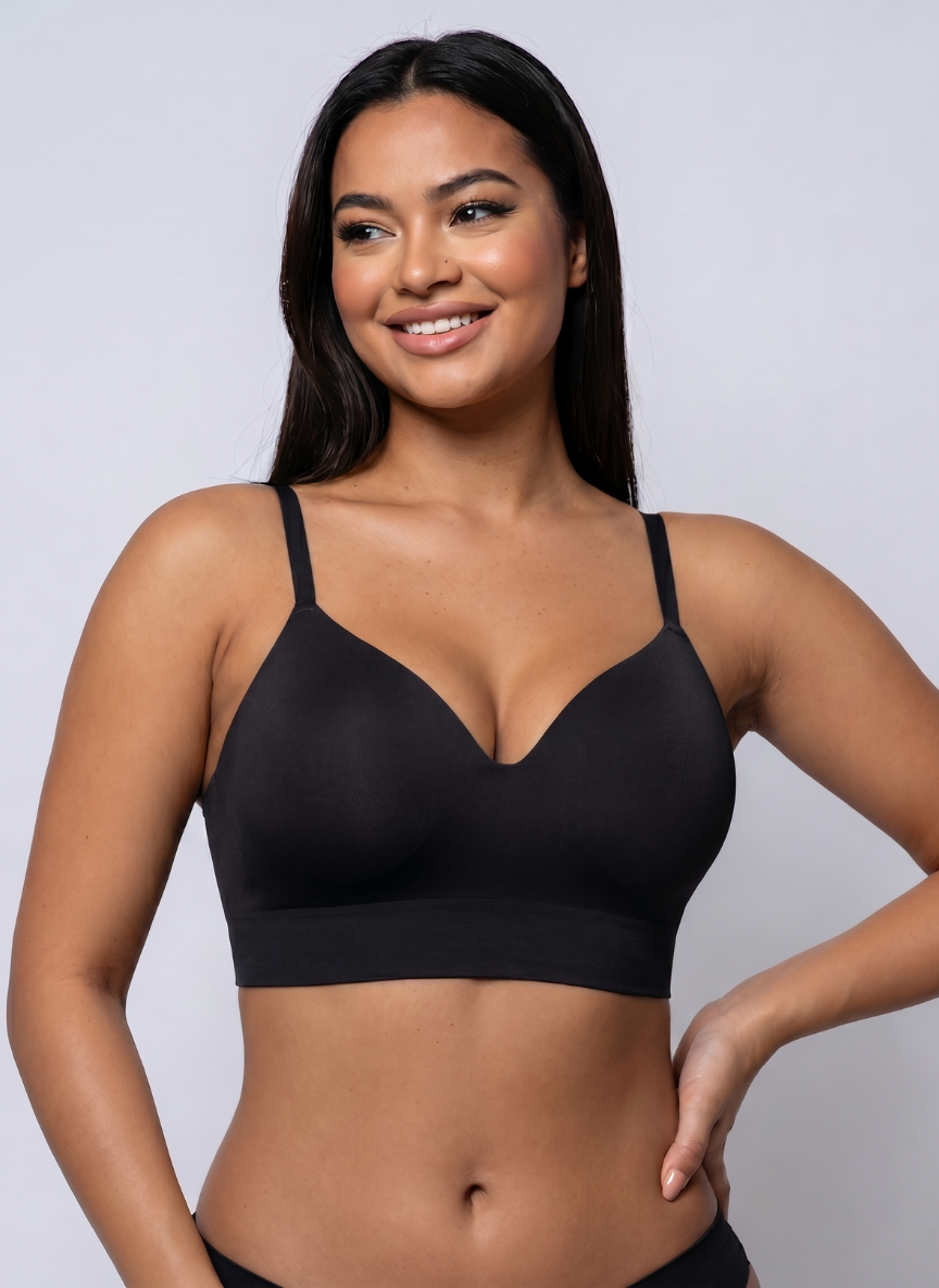 Black wireless push up bra with foam cups and V neckline