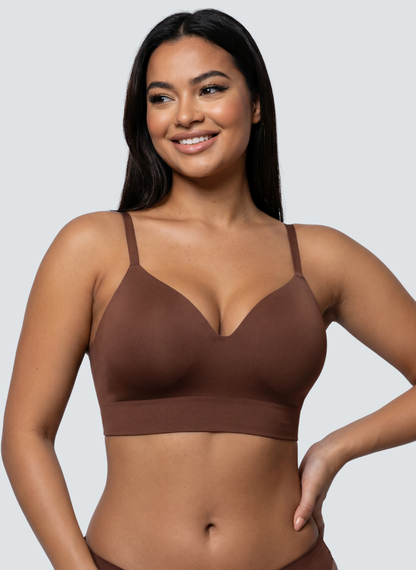Caramel dark brown wireless push up bra with foam cups and V neckline
