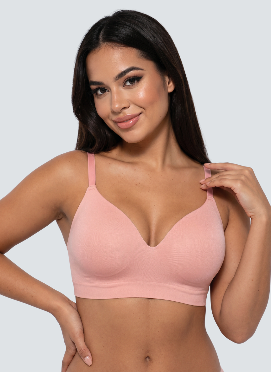 Soft pink wireless push up bra with foam cups and V neckline