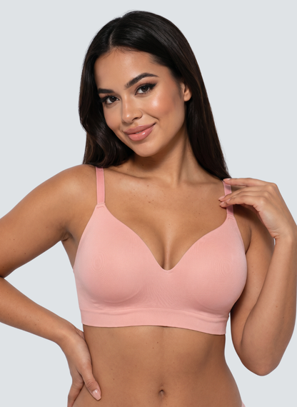 Soft pink wireless push up bra with foam cups and V neckline