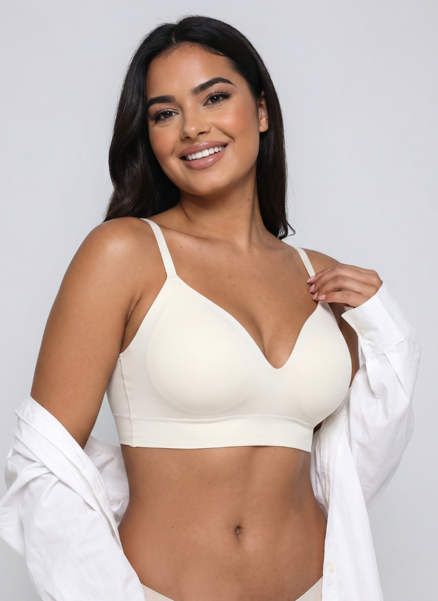Cream white wireless push up bra with foam cups and V neckline
