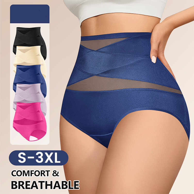 Blue high waisted tummy control knickers with crossed mesh panels, shown with the colour range