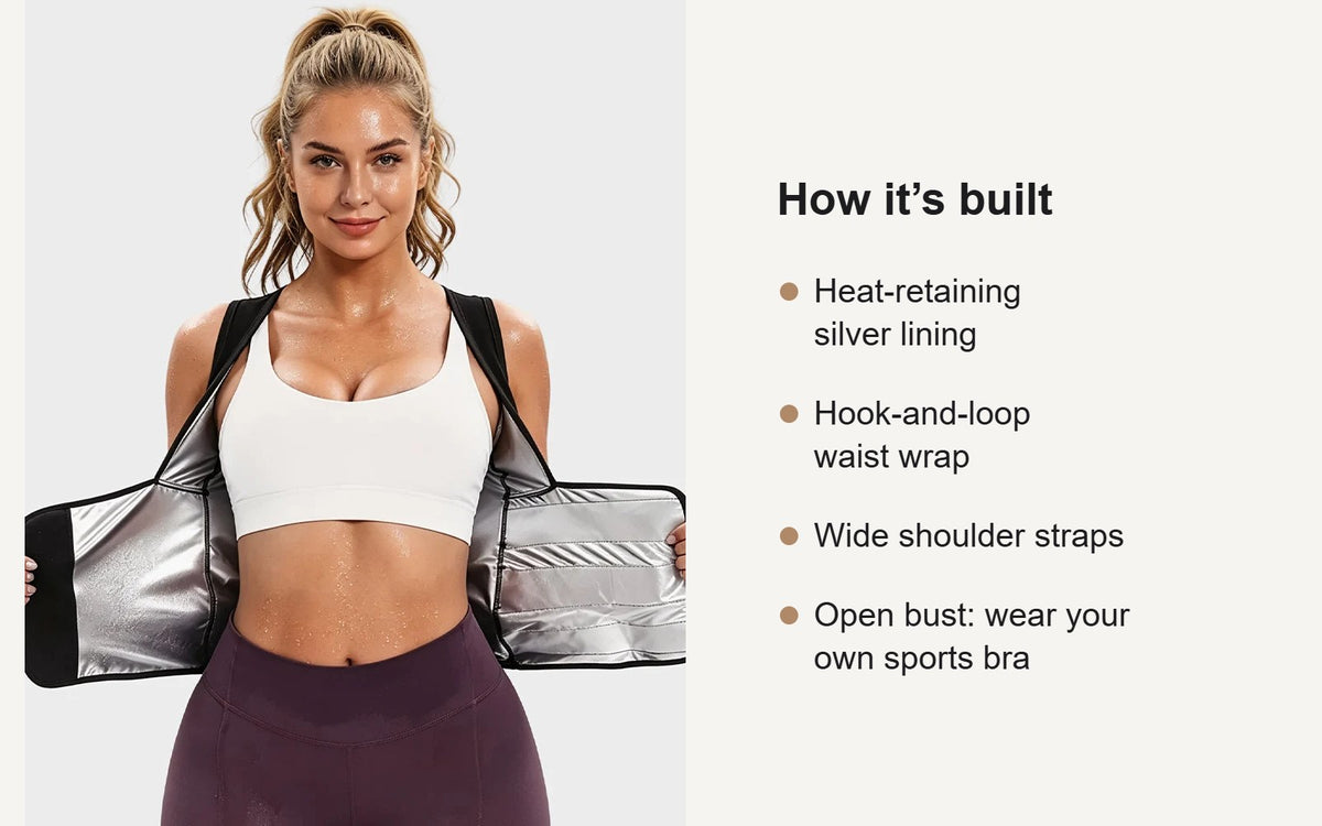 Women's sweat vest opened out showing the silver heat-retaining lining, hook-and-loop waist wrap and wide shoulder straps